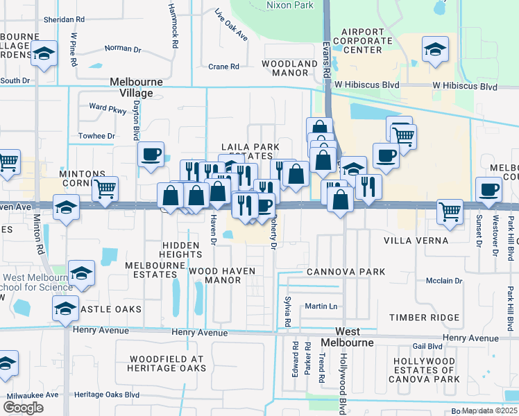 map of restaurants, bars, coffee shops, grocery stores, and more near 2263 West New Haven Avenue in West Melbourne