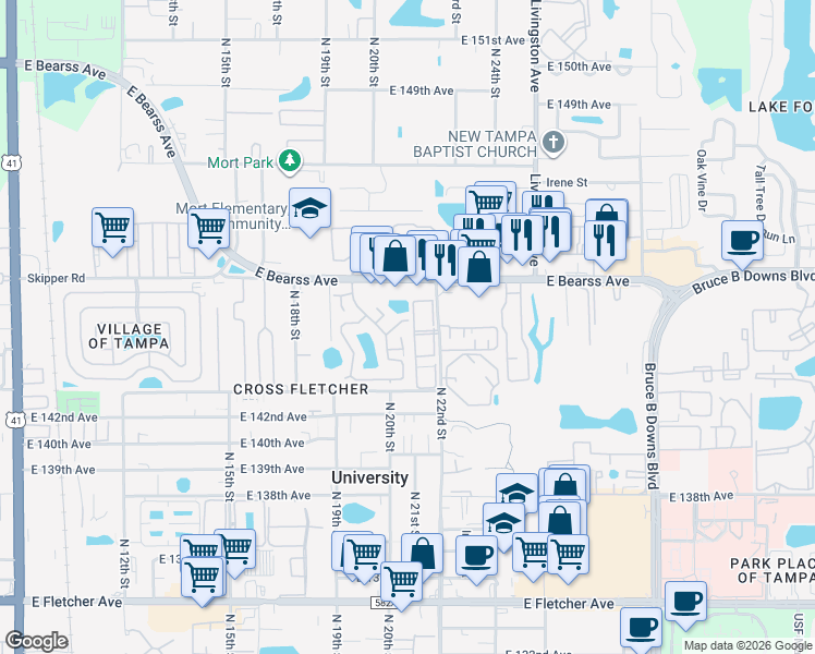 map of restaurants, bars, coffee shops, grocery stores, and more near 2121 Oak Chace Court in Tampa