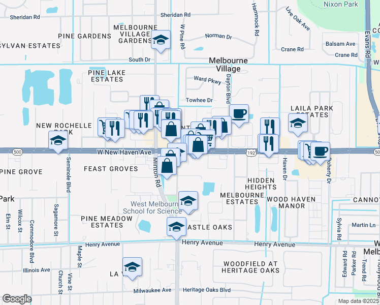 map of restaurants, bars, coffee shops, grocery stores, and more near 2955 West New Haven Avenue in West Melbourne
