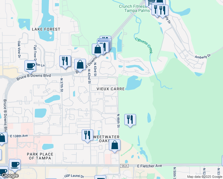 map of restaurants, bars, coffee shops, grocery stores, and more near 14407 Burgundy Square in Tampa
