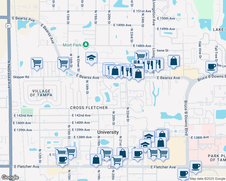 map of restaurants, bars, coffee shops, grocery stores, and more near 2104 Oak Chace Court in Tampa