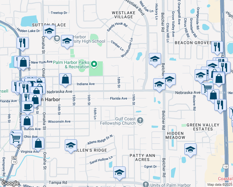 map of restaurants, bars, coffee shops, grocery stores, and more near 1726 Nebraska Avenue in Palm Harbor