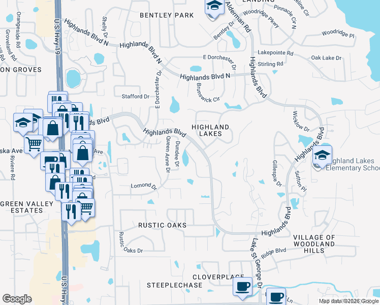 map of restaurants, bars, coffee shops, grocery stores, and more near 3109 Mission Grove Drive in Palm Harbor