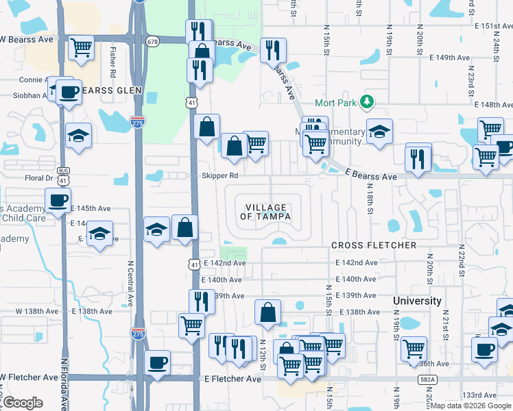 map of restaurants, bars, coffee shops, grocery stores, and more near 14517 Fall Road in Tampa