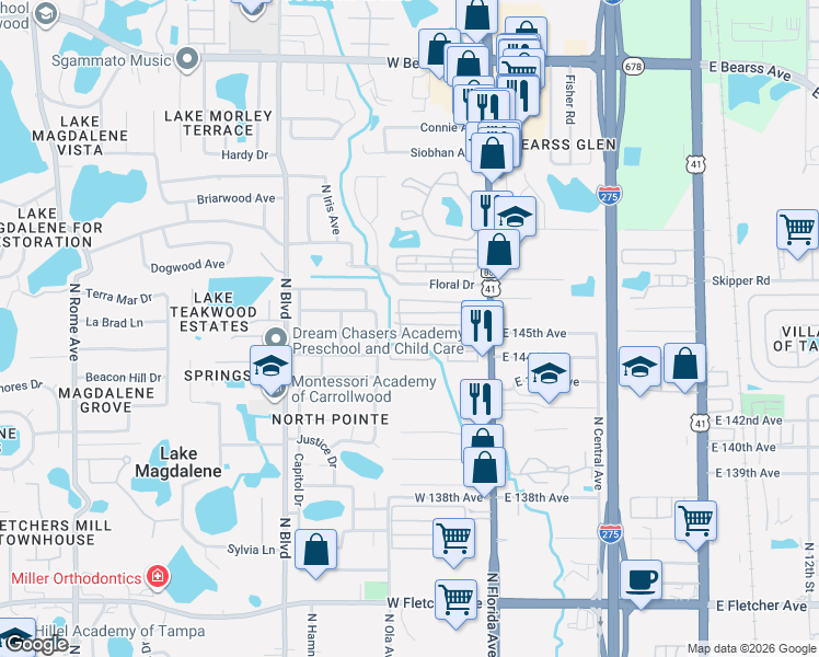map of restaurants, bars, coffee shops, grocery stores, and more near 228 Sun Court North in Tampa