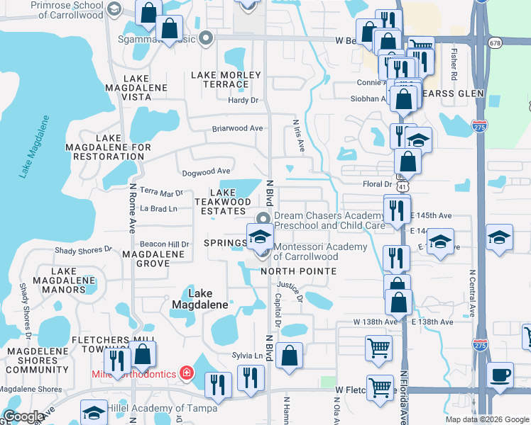 map of restaurants, bars, coffee shops, grocery stores, and more near 910 Oak Stone Drive in Tampa