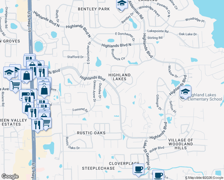 map of restaurants, bars, coffee shops, grocery stores, and more near 36750 US Highway 19 North in Palm Harbor
