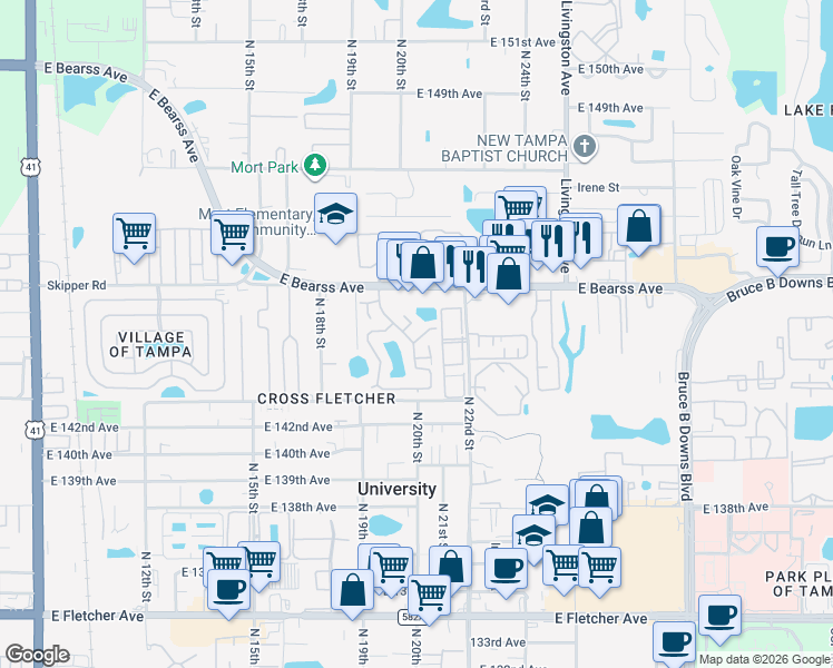 map of restaurants, bars, coffee shops, grocery stores, and more near 2106 Oak Chace Court in Tampa