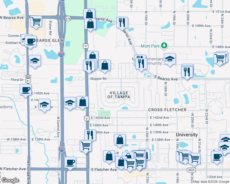 map of restaurants, bars, coffee shops, grocery stores, and more near 14517 Fall Road in Tampa
