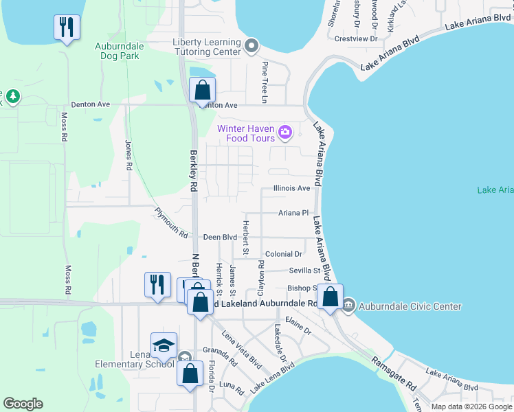 map of restaurants, bars, coffee shops, grocery stores, and more near 128 Ariana Place in Auburndale