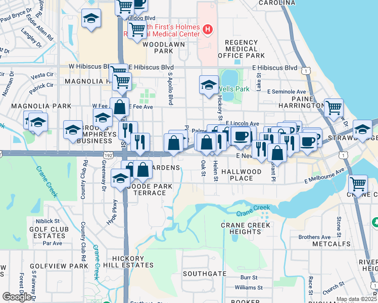 map of restaurants, bars, coffee shops, grocery stores, and more near 314 East New Haven Avenue in Melbourne