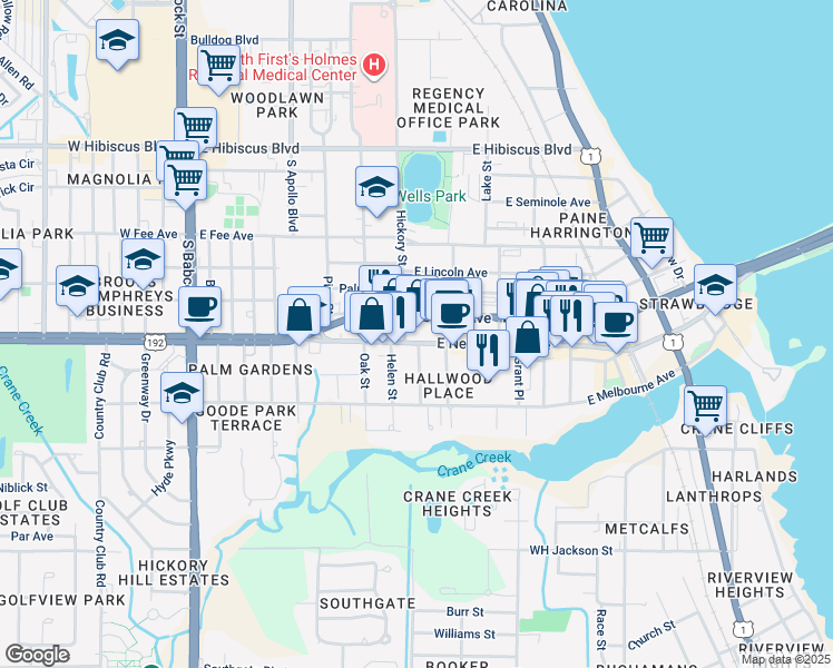 map of restaurants, bars, coffee shops, grocery stores, and more near 502 East New Haven Avenue in Melbourne
