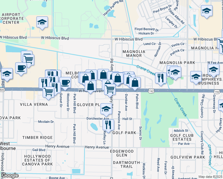 map of restaurants, bars, coffee shops, grocery stores, and more near U.S. 192 & Dairy Rd in Melbourne