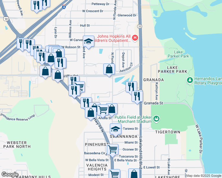 map of restaurants, bars, coffee shops, grocery stores, and more near 2902 North Florida Avenue in Lakeland
