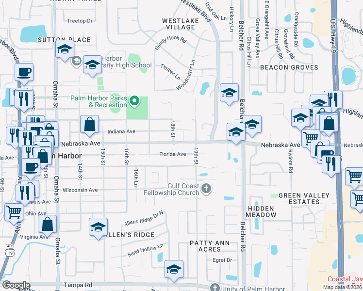 map of restaurants, bars, coffee shops, grocery stores, and more near 1816 Nebraska Avenue in Palm Harbor