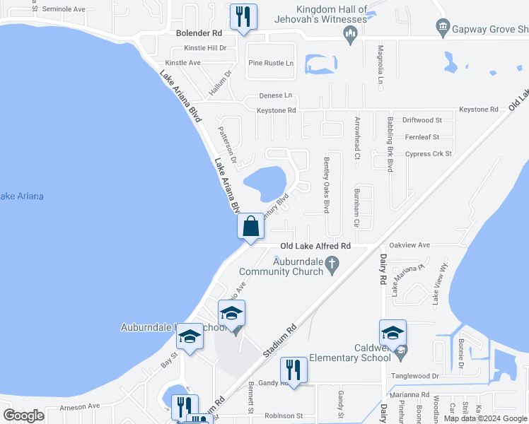 map of restaurants, bars, coffee shops, grocery stores, and more near 245 Century Boulevard in Auburndale