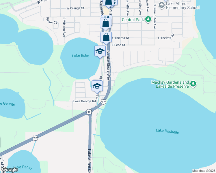 map of restaurants, bars, coffee shops, grocery stores, and more near 1100 South Lake Shore Way in Lake Alfred
