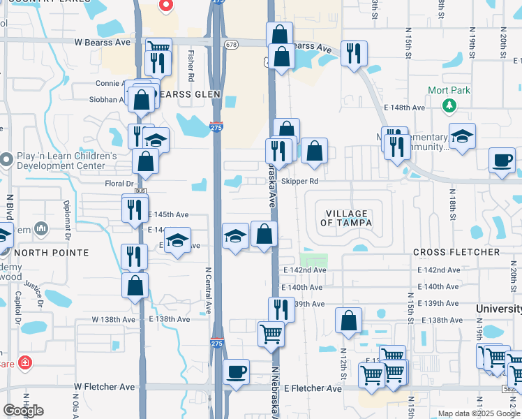 map of restaurants, bars, coffee shops, grocery stores, and more near 827 East 145th Avenue in Tampa