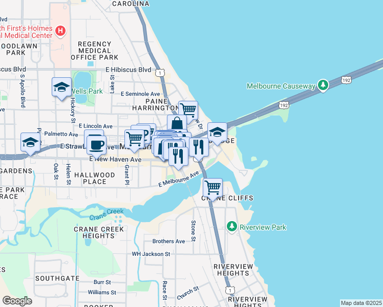map of restaurants, bars, coffee shops, grocery stores, and more near 1900 South Harbor City Boulevard in Melbourne