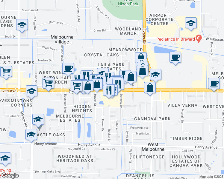map of restaurants, bars, coffee shops, grocery stores, and more near 2266 West New Haven Avenue in Melbourne