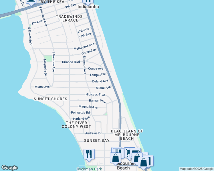 map of restaurants, bars, coffee shops, grocery stores, and more near 131 Miami Avenue in Indialantic