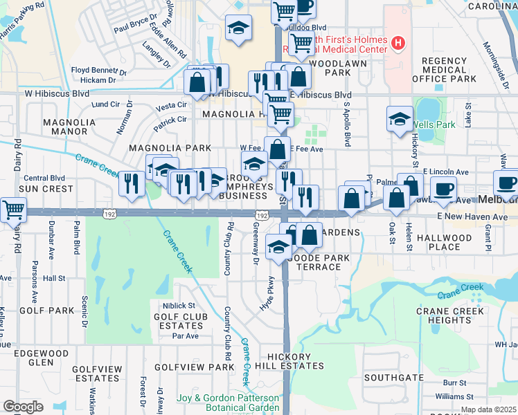 map of restaurants, bars, coffee shops, grocery stores, and more near 2000 Greenway Drive in Melbourne