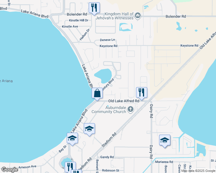 map of restaurants, bars, coffee shops, grocery stores, and more near 254 Century Boulevard in Auburndale