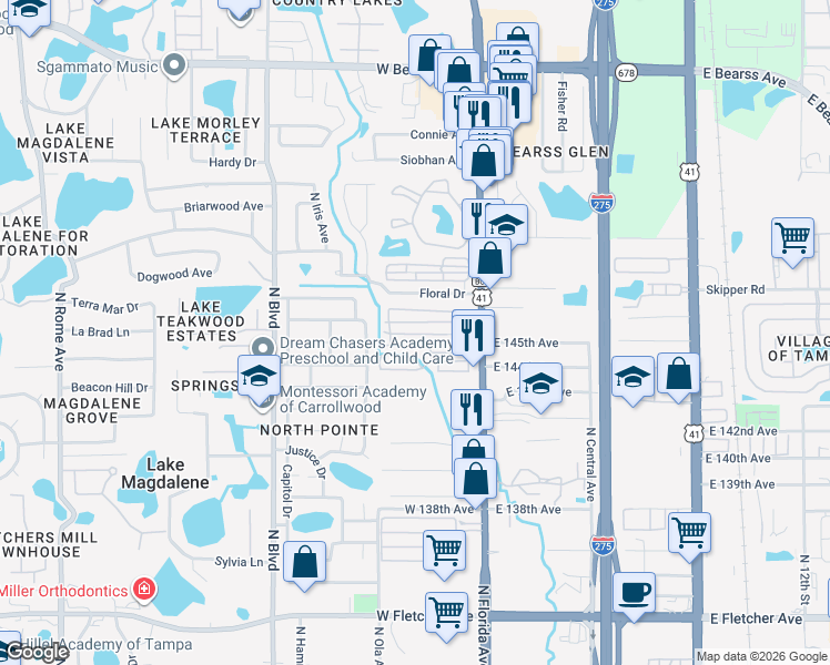 map of restaurants, bars, coffee shops, grocery stores, and more near 228 Sun Court North in Tampa