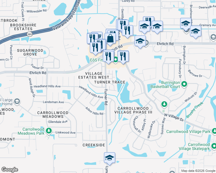 map of restaurants, bars, coffee shops, grocery stores, and more near 14112 Winslow Place in Tampa
