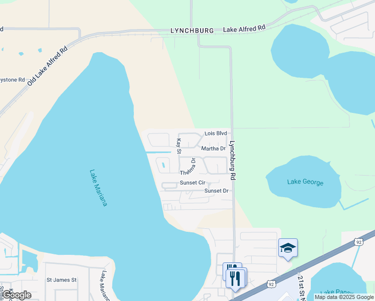 map of restaurants, bars, coffee shops, grocery stores, and more near 2140 Lois Boulevard in Lake Alfred