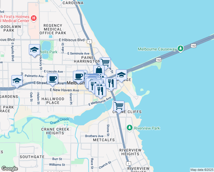 map of restaurants, bars, coffee shops, grocery stores, and more near 1900 South Harbor City Boulevard in Melbourne