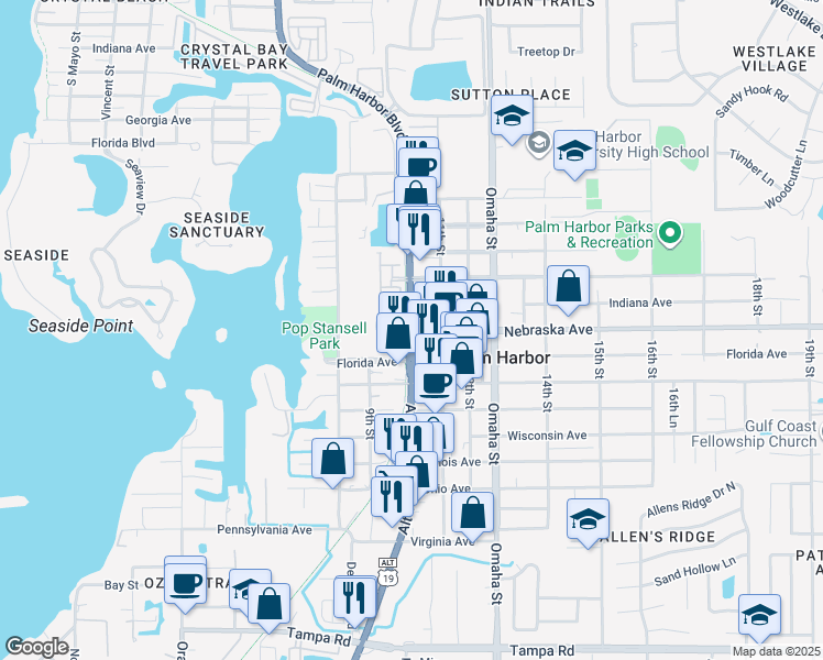 map of restaurants, bars, coffee shops, grocery stores, and more near 1220 U.S. 19 Alternate in Palm Harbor