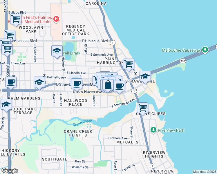 map of restaurants, bars, coffee shops, grocery stores, and more near 821 East New Haven Avenue in Melbourne