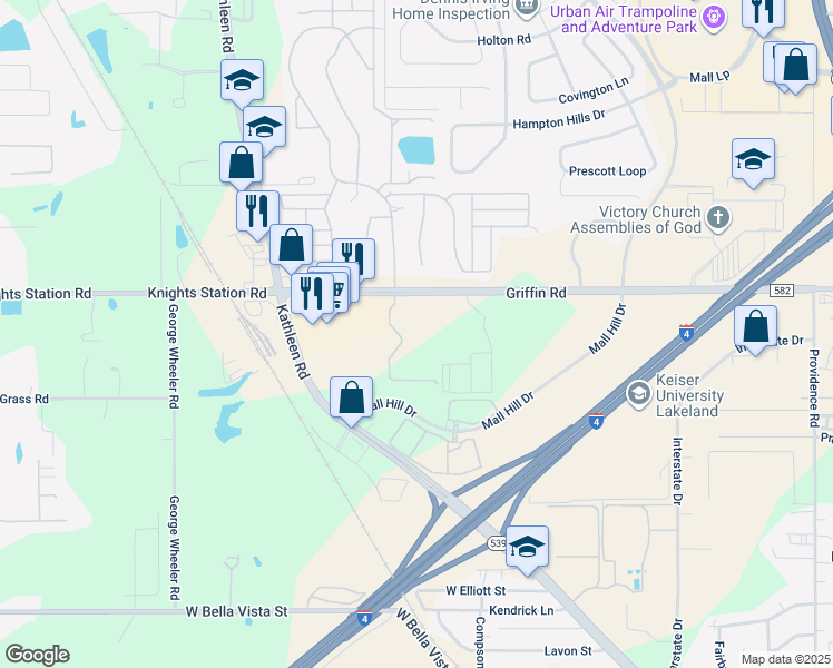 map of restaurants, bars, coffee shops, grocery stores, and more near 1906 Griffin Road in Lakeland