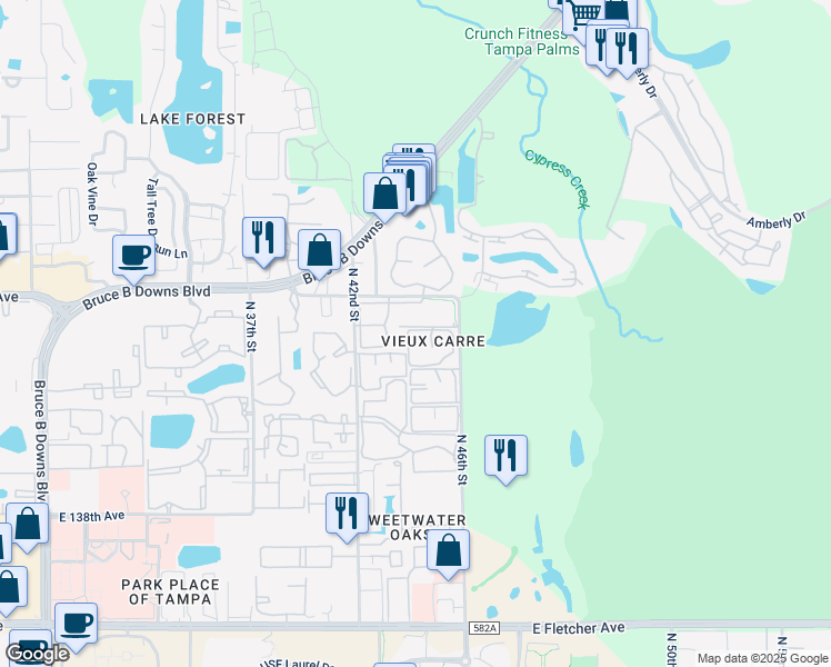 map of restaurants, bars, coffee shops, grocery stores, and more near 14402 Burgundy Square in Tampa
