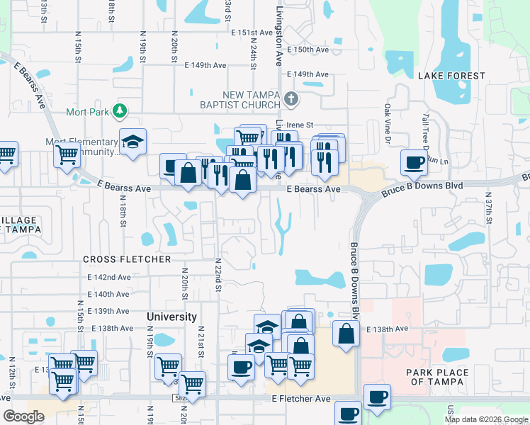 map of restaurants, bars, coffee shops, grocery stores, and more near 14599 Seaford Circle in Tampa