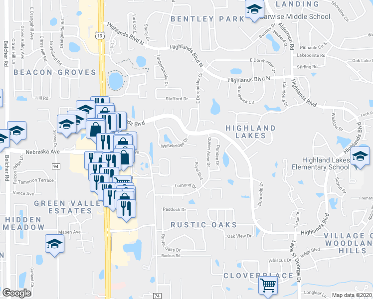 map of restaurants, bars, coffee shops, grocery stores, and more near 1197 Royal Boulevard in Palm Harbor