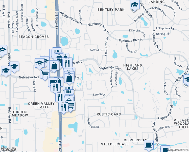 map of restaurants, bars, coffee shops, grocery stores, and more near 1197 Royal Boulevard in Palm Harbor