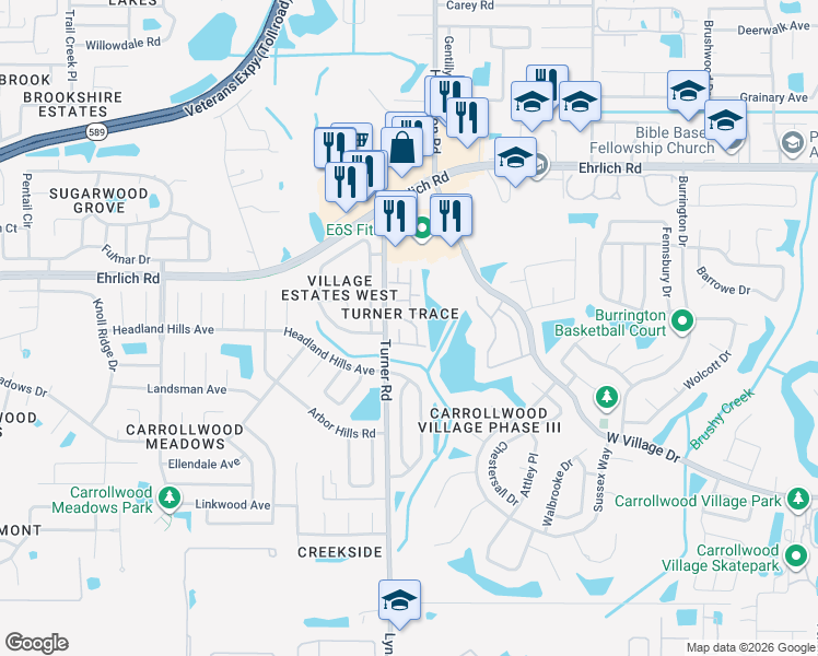 map of restaurants, bars, coffee shops, grocery stores, and more near 5314 Bradbury Court in Tampa