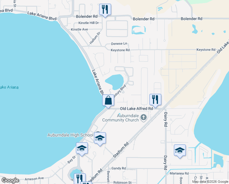 map of restaurants, bars, coffee shops, grocery stores, and more near 249 Century Boulevard in Auburndale