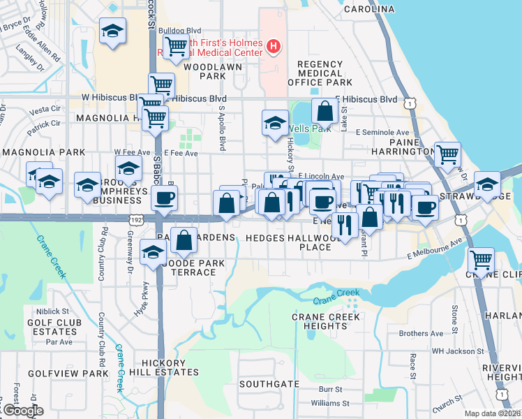 map of restaurants, bars, coffee shops, grocery stores, and more near 405 East New Haven Avenue in Melbourne