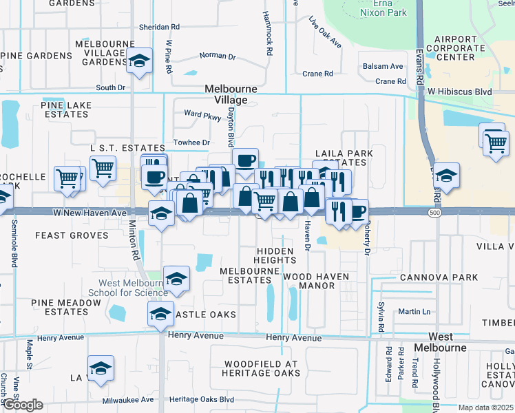 map of restaurants, bars, coffee shops, grocery stores, and more near 2750 West New Haven Avenue in Melbourne Village