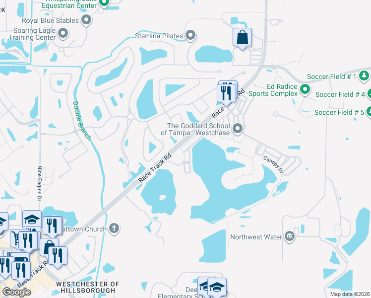 map of restaurants, bars, coffee shops, grocery stores, and more near 14606 Bournemouth Road in Tampa