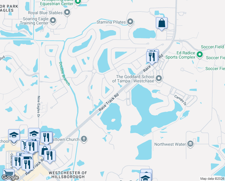 map of restaurants, bars, coffee shops, grocery stores, and more near 14521 Mirabelle Vista Circle in Tampa