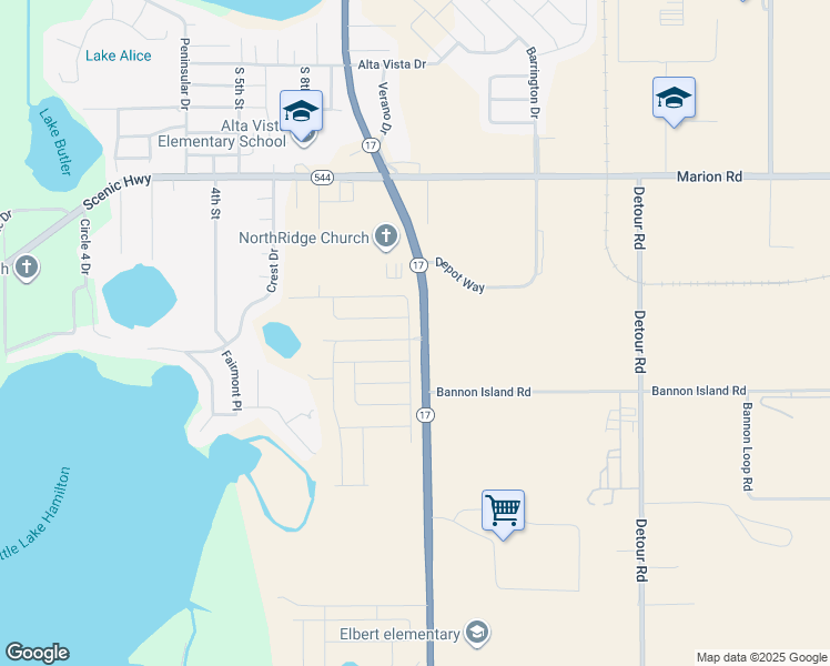 map of restaurants, bars, coffee shops, grocery stores, and more near 2501 Highway 17 in Haines City