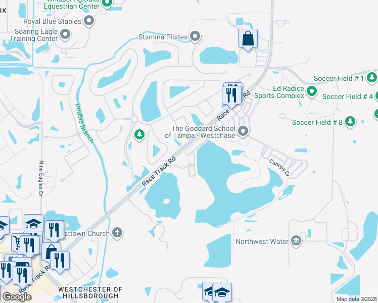 map of restaurants, bars, coffee shops, grocery stores, and more near 14511 Cotswolds Drive in Tampa
