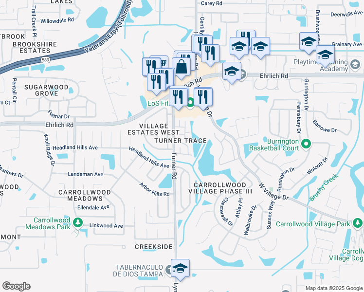 map of restaurants, bars, coffee shops, grocery stores, and more near 5310 Ridgewell Court in Tampa
