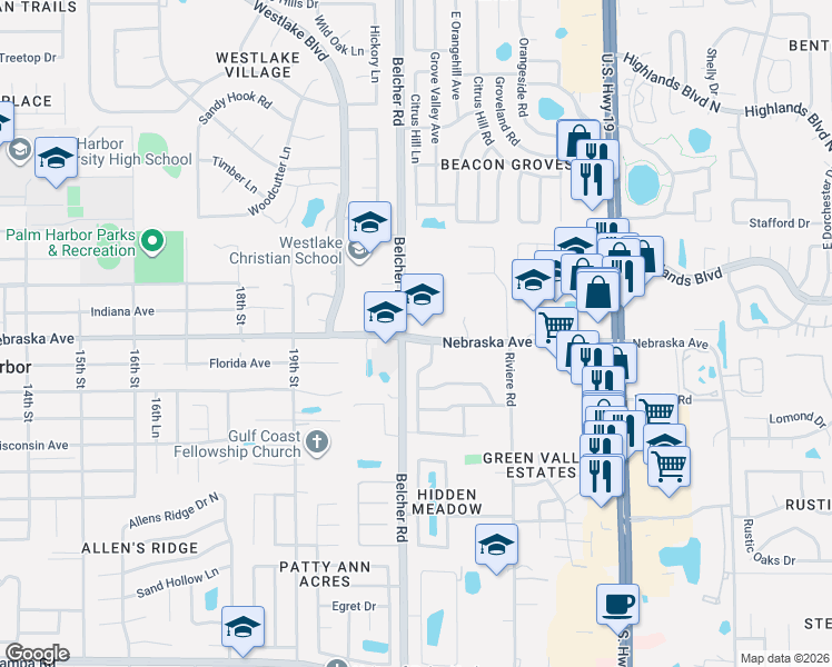 map of restaurants, bars, coffee shops, grocery stores, and more near 112 Belcher Road in Palm Harbor