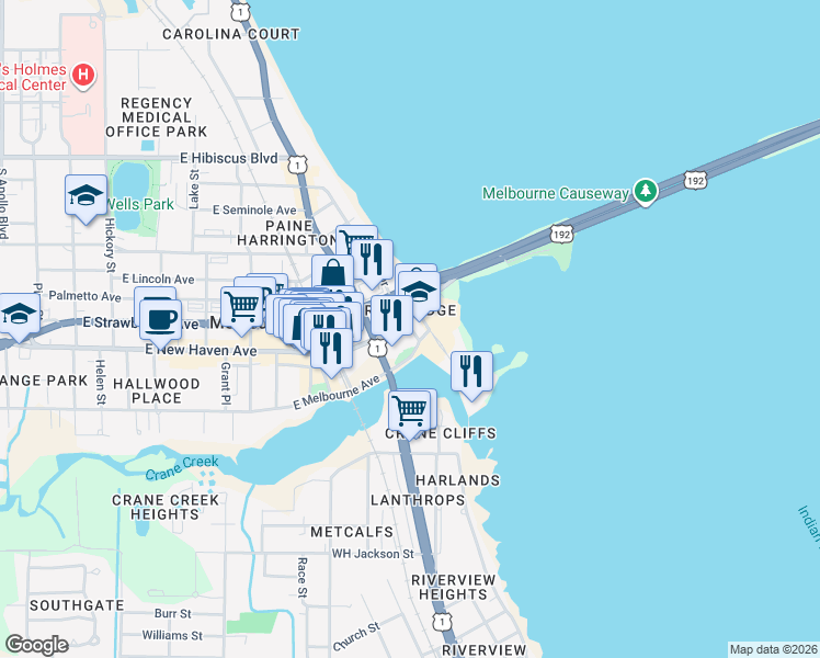 map of restaurants, bars, coffee shops, grocery stores, and more near 2200 Front Street in Melbourne