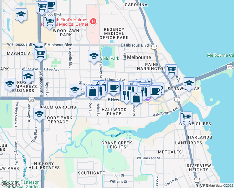 map of restaurants, bars, coffee shops, grocery stores, and more near 541 East New Haven Avenue in Melbourne
